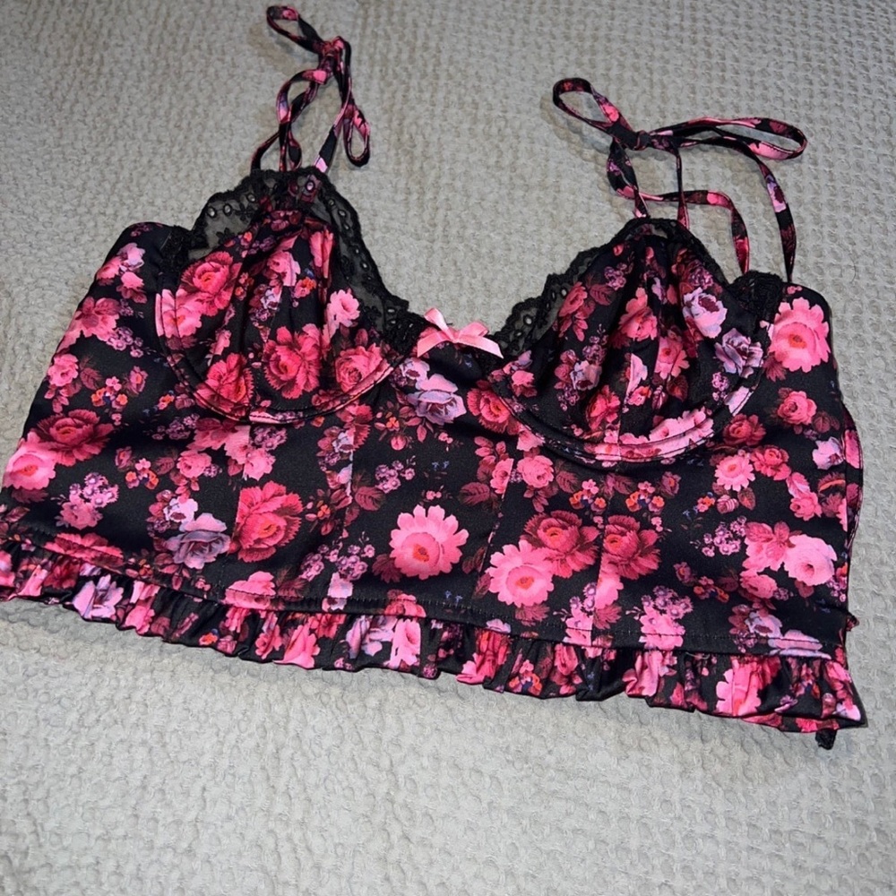 Floral Black & Pink Lace Top Small